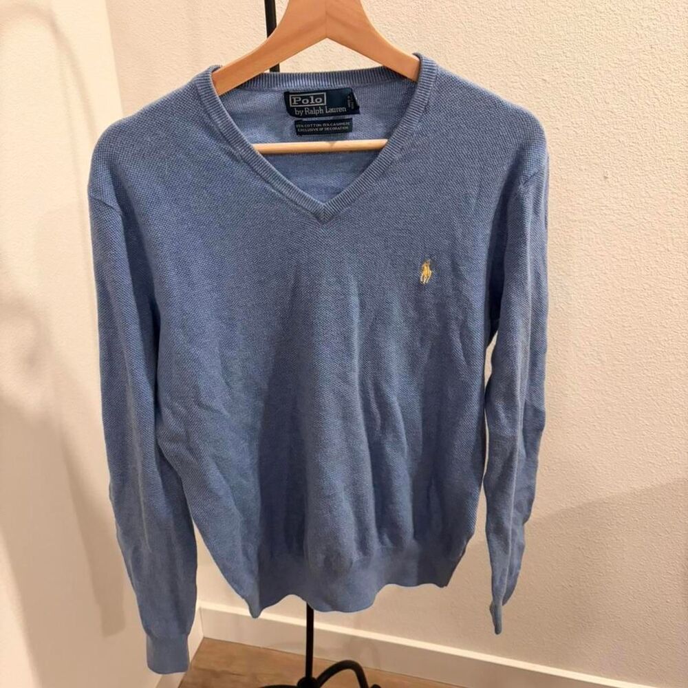 Polo Ralph Lauren Blue Cotton Cashmere V-Neck Sweater Medium Pony Logo